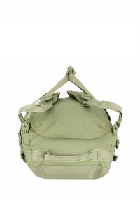 Borsa in nylon verde con tracolle regolabili, parte superiore arrotondata e chiusura con zip. Presenta tasche laterali e cuciture rinforzate per una maggiore durata.