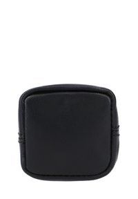 Schwarze Ledertasche mit quadratischer Form, glatter Textur und genähten Akzenten. Das Design zeichnet sich durch ein einfaches, minimalistisches Erscheinungsbild aus.