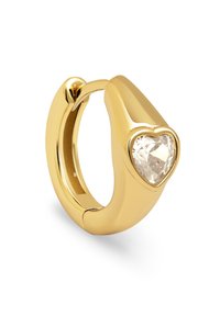 Orecchino a cerchio in oro con una pietra chiara a forma di cuore. Il design è liscio con una finitura lucida, che mette in risalto una forma elegante e moderna.