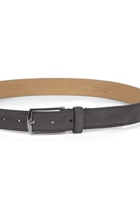 Gray suede belt featuring a sleek silver buckle. Smooth inner leather lining with engraved branding and adjustable holes for sizing.