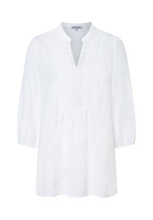 White blouse with half-length sleeves, v-neckline, and decorative embroidered placket. Made of lightweight fabric with a slightly loose fit.