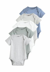 Cinque body a maniche corte in colori solidi: azzurro, grigio, bianco, avorio e verde chiaro. Materiale in cotone con chiusure a pressione.