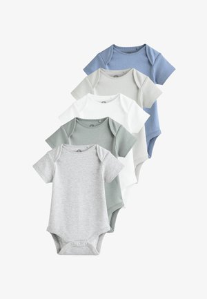 Five short-sleeve bodysuits in solid colors: light blue, grey, white, off-white, and light green. Cotton material with snap fasteners.