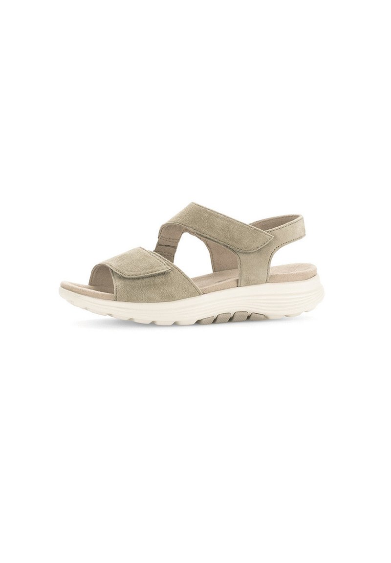 Sandali in suede beige con punta aperta e cinturini in Velcro regolabili. Suola testurizzata per aderenza e comfort, con una soletta imbottita.