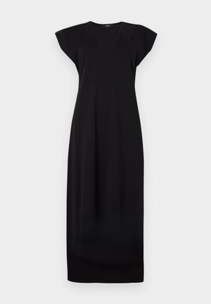 Čierne dlhé šaty bez rukávov s výstrihom do V a voľným strihom, zobrazené na bielom pozadí.