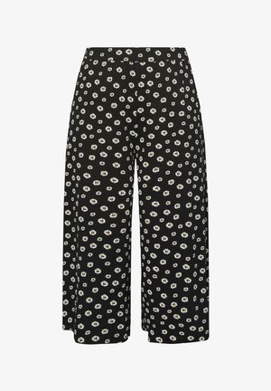 Schwarze, weit geschnittene, gekürzte Hosen mit weißem und gelbem Gänseblümchenmuster, elastischem Bund und lockerem Sitz.