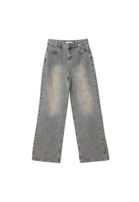 Jeans a gamba larga in denim azzurro chiaro sbiadito. Design a cinque tasche con cuciture in contrasto e vestibilità ampia. Dettaglio dell'orlo grezzo alla caviglia.
