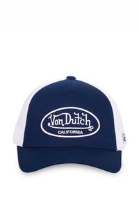 Gorra azul marino con laterales de malla blanca, con visera redondeada y logo bordado "Von Dutch California" en blanco en el frente.