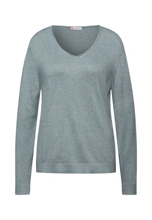 Světle modrý svetr s výstřihem do V z měkké pletené látky, s dlouhými rukávy a žebrovanými manžetami a lemem, s jednoduchým a čistým designem.