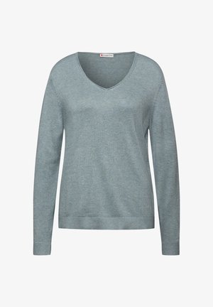 Lichtblauwe V-hals trui gemaakt van zachte gebreide stof, met lange mouwen en geribbelde manchetten en zoom, met een eenvoudig, strak ontwerp.