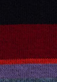 Tessuto lavorato a maglia multicolore con strisce orizzontali in nero, rosso scuro, rosso brillante, arancione, viola e viola chiaro. Texture morbida.