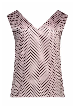 Débardeur en satin rose à encolure en V sans manches avec des pois noirs disposés en motif de rayures en chevrons.