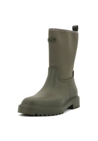 Stivale di gomma verde con finitura liscia, forma rettangolare, suola testurizzata e una piccola linguetta sul retro per facilitare l'indossamento.