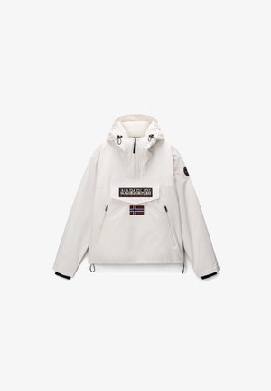 Giacca a pullover impermeabile bianca con cappuccio, tasca a zip frontale, logo ricamato e patch con la bandiera norvegese. Caratterizzata da polsini elastici e cordoncino.