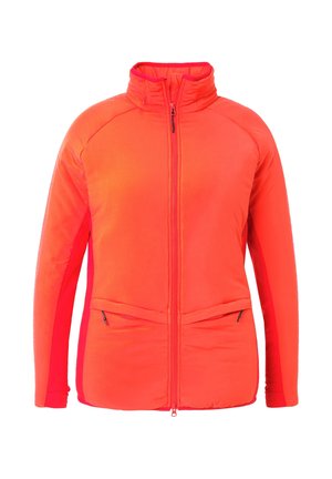 Chaqueta naranja brillante con cuello alto, cremallera completa en la parte delantera y dos bolsillos con cremallera. Presenta un diseño ajustado y paneles laterales en contraste.