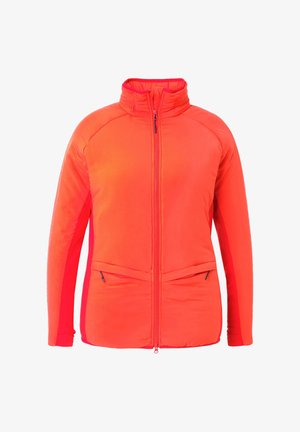 Leuchtend orangefarbene Jacke mit hohem Kragen, durchgehendem Frontreißverschluss und zwei Reißverschlusstaschen. Verfügt über eine taillierte Passform und kontrastierende seitliche Einsätze.