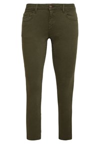 Jeans ajustados de color verde oliva, elaborados con una mezcla de algodón, que cuentan con un cierre frontal de botón, trabillas para cinturón y cinco bolsillos. Textura suave.