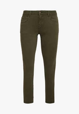 Jeans skinny verde oliva realizzati in tessuto misto cotone, con chiusura frontale a bottoni, passanti per cintura e cinque tasche. Texture liscia.