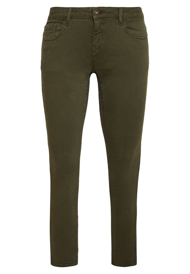 Jeans ajustados de color verde oliva, elaborados con una mezcla de algodón, que cuentan con un cierre frontal de botón, trabillas para cinturón y cinco bolsillos. Textura suave.