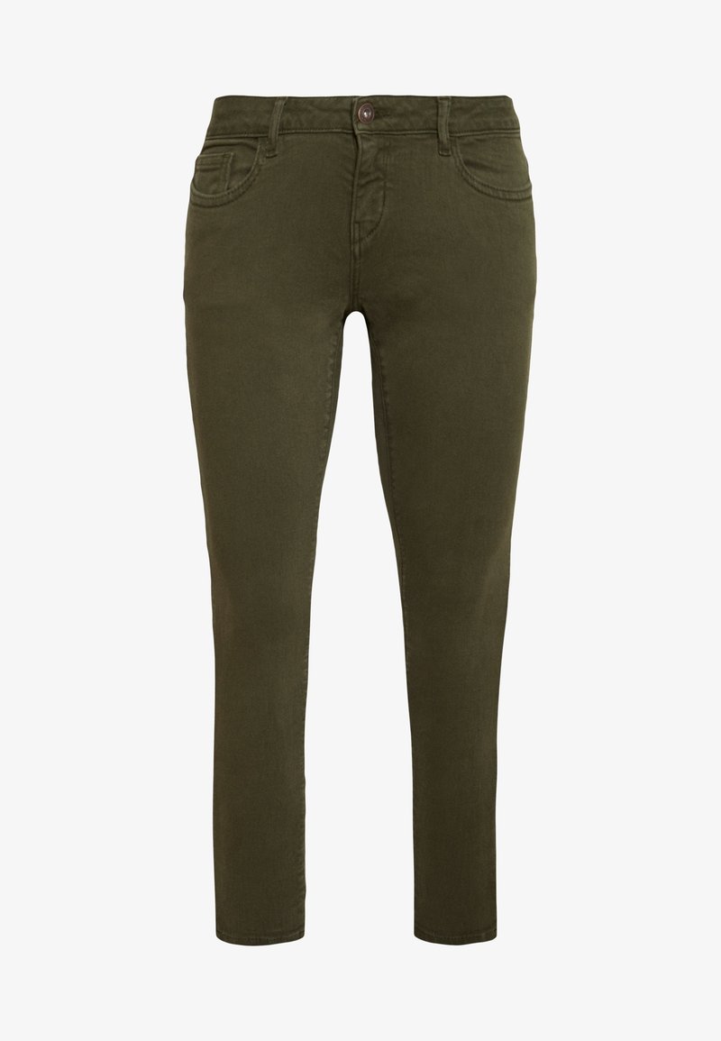 Jeans ajustados de color verde oliva, elaborados con una mezcla de algodón, que cuentan con un cierre frontal de botón, trabillas para cinturón y cinco bolsillos. Textura suave.