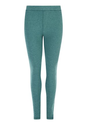 Geribbelde teal-groene aangesloten legging met een elastische tailleband, gemaakt van een zachte, stretchstof voor comfort en flexibiliteit.
