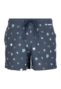 Shorts de bain marine avec taille à cordon, ornés d'un motif de tortues vertes et de coquillages. Fabriqués en matériau léger, idéaux pour les activités aquatiques.