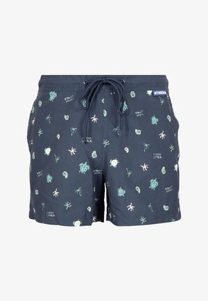 Shorts de bain marine avec taille à cordon, ornés d'un motif de tortues vertes et de coquillages. Fabriqués en matériau léger, idéaux pour les activités aquatiques.