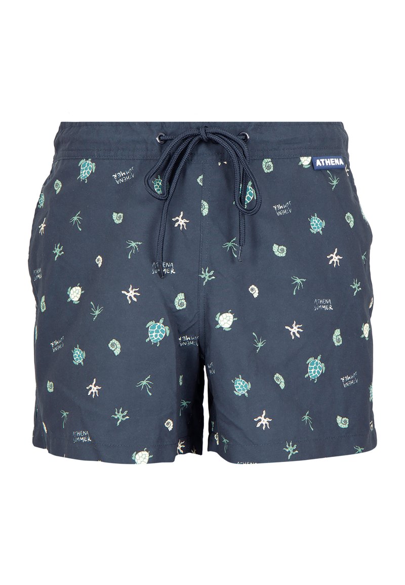 Shorts de bain marine avec taille à cordon, ornés d'un motif de tortues vertes et de coquillages. Fabriqués en matériau léger, idéaux pour les activités aquatiques.