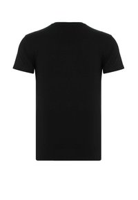 Schwarz, T-Shirt mit kurzen Ärmeln und Rundhalsausschnitt. Glattes Material, normale Passform und keine sichtbaren Grafiken oder Verzierungen auf der Rückseite.