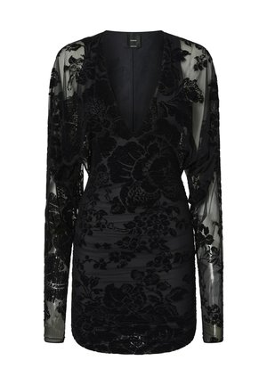 Abito nero con maniche lunghe in tessuto trasparente, scollatura profonda a V, texture floreale, silhouette aderente e dettagli arricciati in vita per un look snellente.