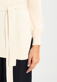 Beige Strickpullover mit geripptem Saum und Bündchen, ausgestattet mit einem gebundenen Taillengürtel zur Anpassung. Zeigt eine weiche Textur und ein lässiges Design.