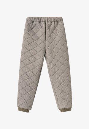 Beige quiltede bukser med diamant syning, elastisk talje og ribkanter på en ensfarvet hvid baggrund.