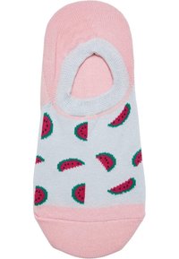 Chaussettes de cheville rose et grise avec un motif de tranche de pastèque. Le matériau est en tricot doux avec un bout arrondi et une ouverture élastique.