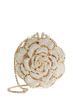 Gold-tone clutch shaped like a rose, encrusted with clear crystals, featuring a twisted gold chain strap.