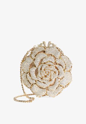 Goldfarbene Clutch in Form einer Rose, besetzt mit klaren Kristallen, mit einem verdrehten goldfarbenen Kettenriemen.
