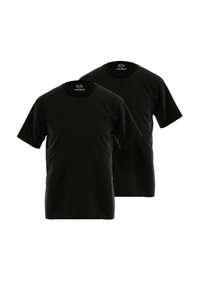 Black cotton t-shirts with short sleeves and crew neck; includes two identical shirts. Material appears smooth and lightweight.