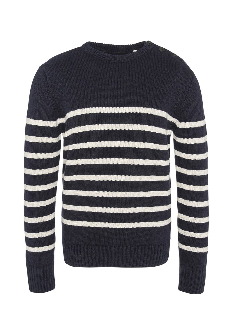 Pull en maille bleu marine avec des rayures blanches horizontales, finitions côtelées aux poignets et à l'ourlet, ainsi que des boutons décoratifs sur l'épaule.