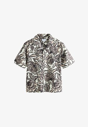 Lühikeste varrukatega särk, mis on valmistatud kergetest kangast, kreemja taustaga, tumedate lillede mustriga pruuni ja beeži tooni.