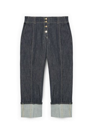 Dunkelblaue, verkürzte Jeans mit hoher Taille, featuring drei goldene Knöpfe zum Schließen, doppelt umgeschlagene Säume aus hellerer Jeans und klaren Designlinien.