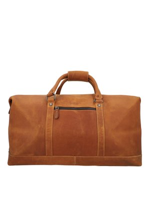 Bolso de viaje de cuero, marrón, forma rectangular, textura suave, con un bolsillo frontal con cremallera, asas resistentes y costuras en contraste.
