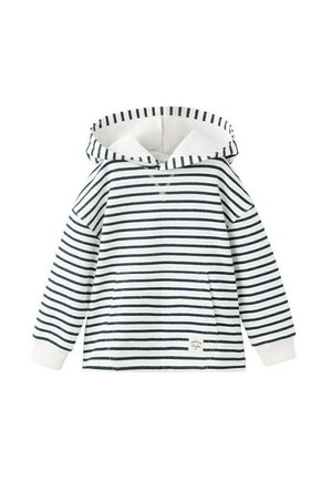 Sweat à capuche blanc avec des rayures horizontales noires, poche kangourou à l'avant et poignets côtelés, conçu pour les enfants.