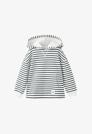 Hanorac alb cu dungi orizontale negre, buzunar frontal tip cangur și manșete bordurate, conceput pentru copii.