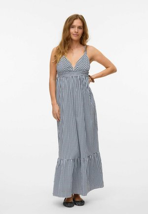 Maxi jurk in blauw-witte ruitprint, met een diepe V-hals, verstelbare bandjes en een gerimpelde zoom. Gemaakt van lichtgewicht stof.