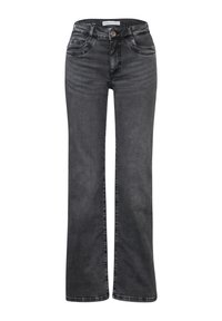 Jeans évasés noirs en denim, avec des poches avant, une fermeture à bouton et des détails de couture visibles le long des coutures.
