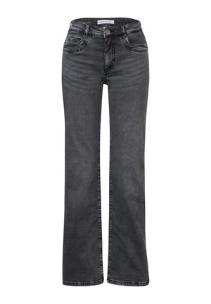 Jeans neri a zampa d'elefante realizzati in denim, con tasche frontali, chiusura con bottone e dettagli di cucitura visibili lungo le cuciture.