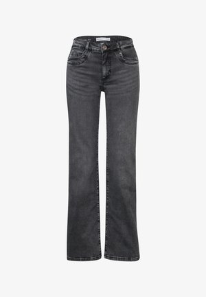 Czarne dżinsy z rozszerzanymi nogawkami, z kieszeniami z przodu, z zapięciem na guzik oraz widocznymi szwami przy krawędziach.