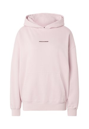Jasnoróżowa bluza z kapturem z przednią kieszenią i logo "PEGADOR" na środku klatki piersiowej.