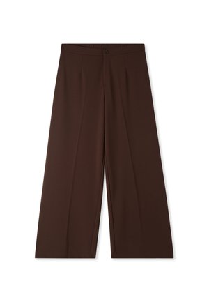 Pantaloni larghi marroni con chiusura a bottone e cintura elastica. Realizzati in un tessuto morbido con un aspetto pulito e curato.
