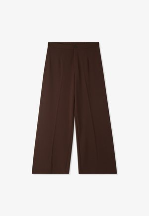Pantaloni larghi marroni con chiusura a bottone e cintura elastica. Realizzati in un tessuto morbido con un aspetto pulito e curato.