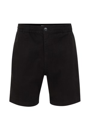 Melni šorti, izgatavoti no viegla kokvilnas auduma. Iezīmē elastīgu jostu, pogu aizdari un sānu kabatas. Gluda tekstūra, šūts dizains.